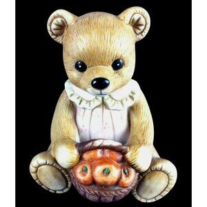 Homco Harvest Girl Teddy Bear Apple Basket Vintage Holiday 1405 Thanksgiving 4"